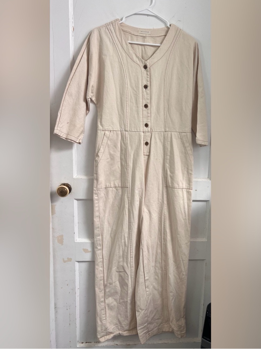 Monbebe "Mom" canvas utility linen-cotton jumpsuit One Size